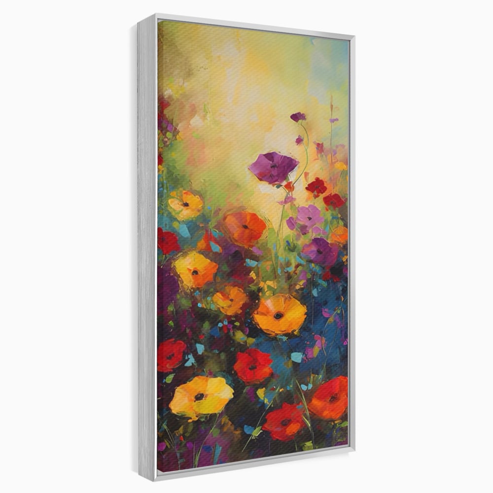 Tablou canvas cu pictura camp cu flori colorate, in rama de aluminiu argintiu